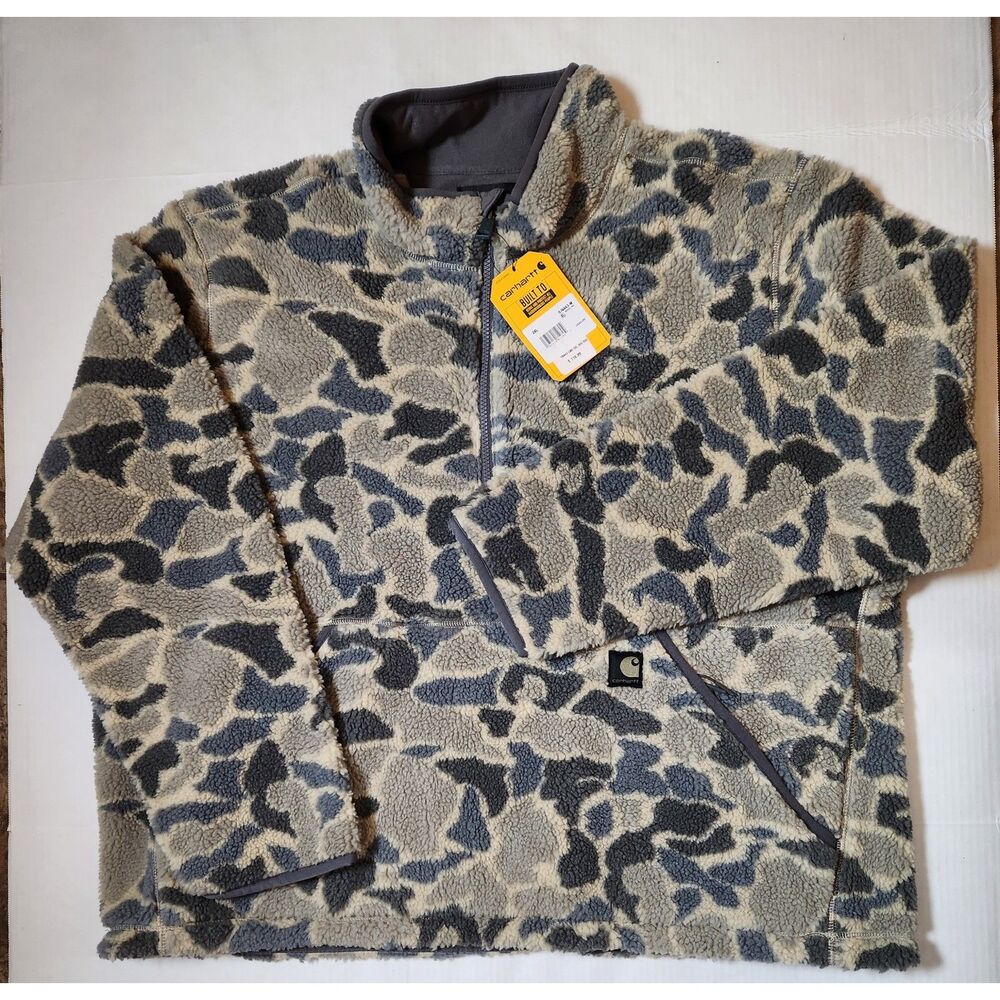 Carhartt Mens Fleece Pullover 2XL Loose Fit Camo Quarter Zip